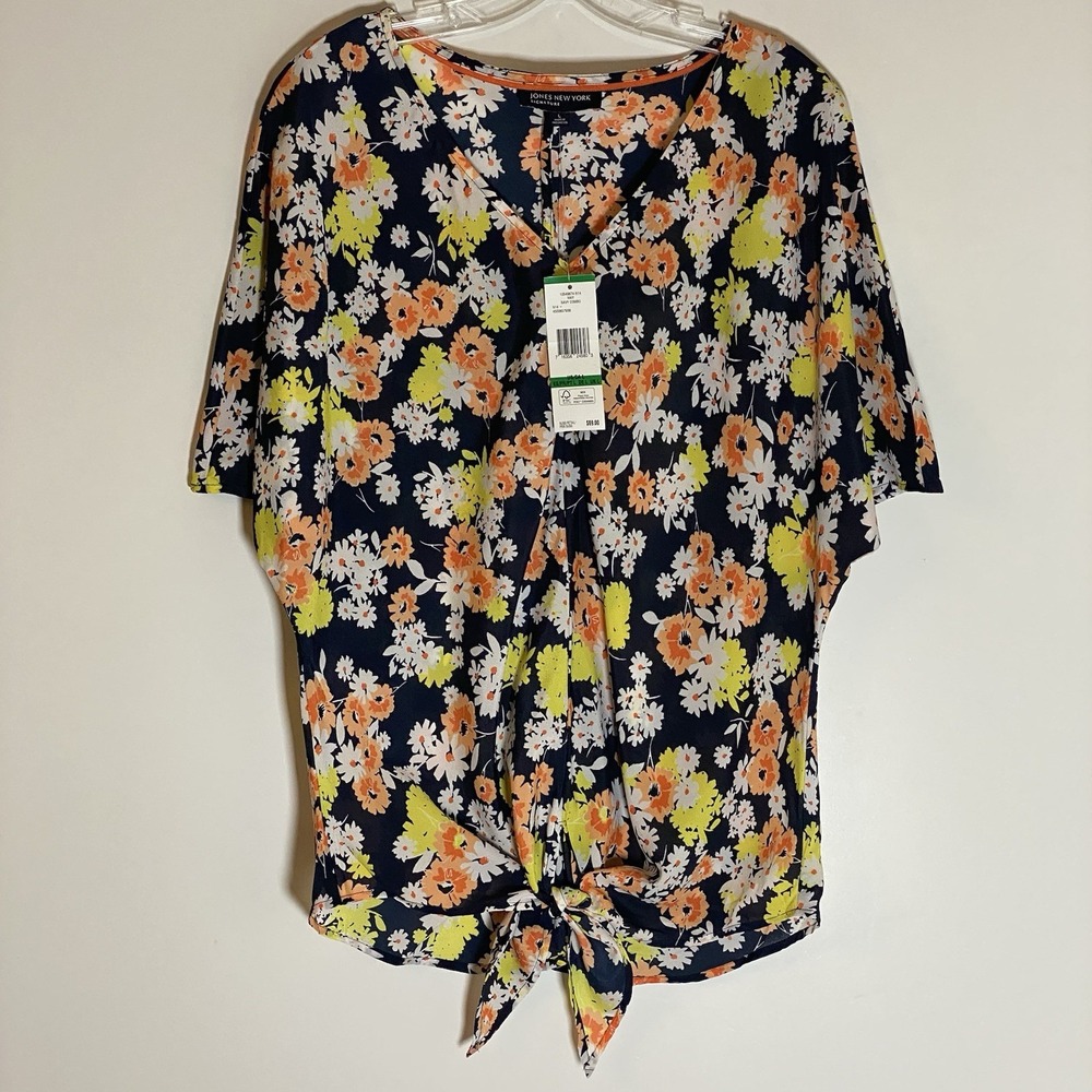 Jones New York Top Womens Large Blue Multi Floral Tie Blouse Casual Classy Fun L